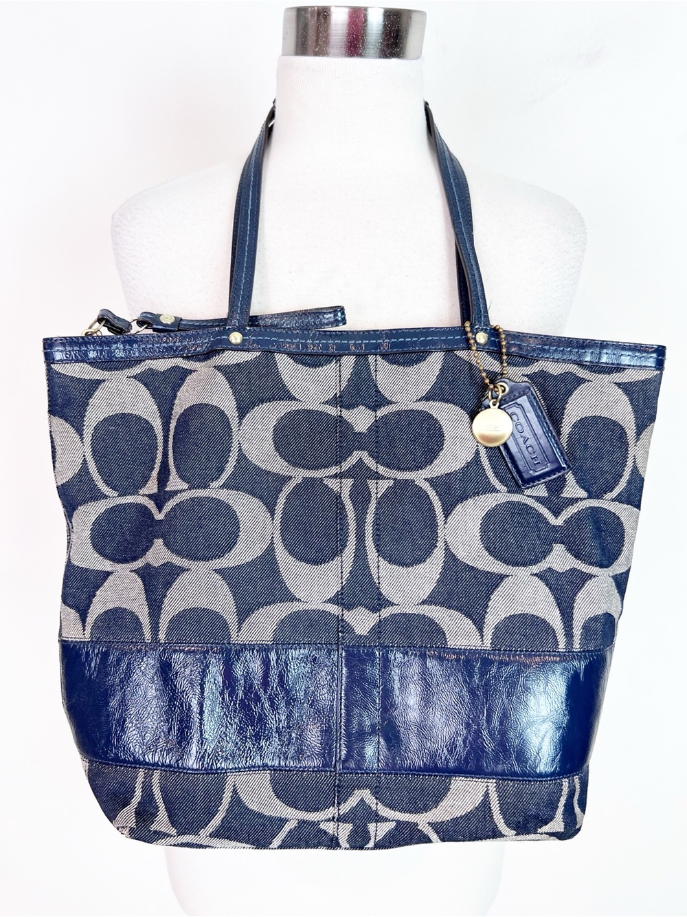 COACH SIGNATURE DENIM BLEECKER ZIP TOTE NAVY BLUE LOGO 2 HANDLE STRAP PURSE